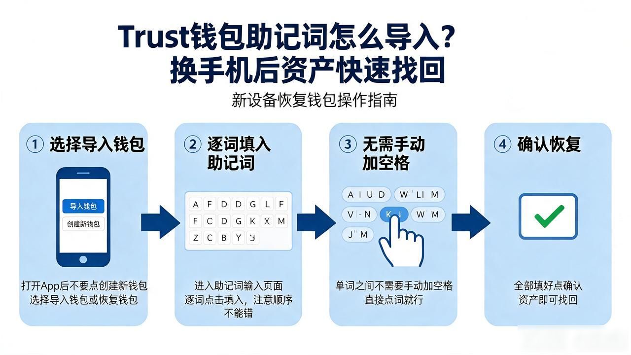 Trust钱包助记词恢复_Trust钱包助记词导入步骤_如何使用助记词恢复Trust钱包？